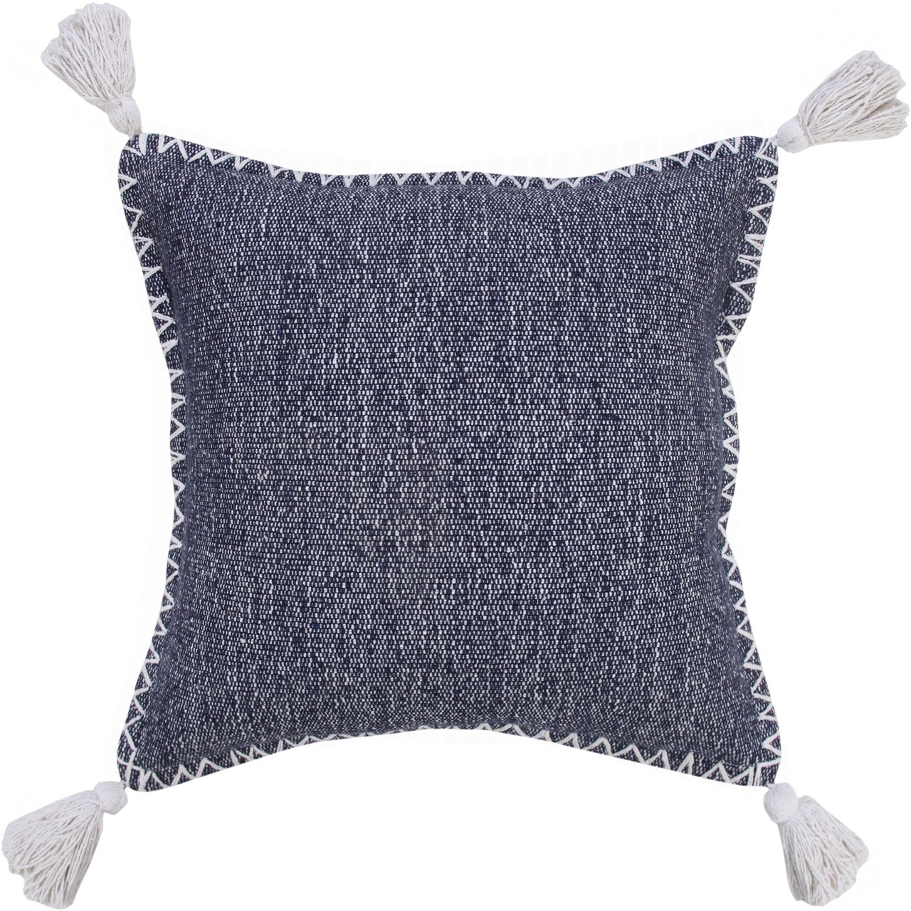 Laddha Home Designs 20" Blue and White Stonewash Embroidered Edge Square Throw Pillow with Tassels